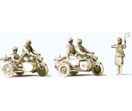 модель Preiser 16614 Советские солдаты - мотоциклисты. Набор неокрашенных фигурок. 4 фигурки в форме и одна женщина 